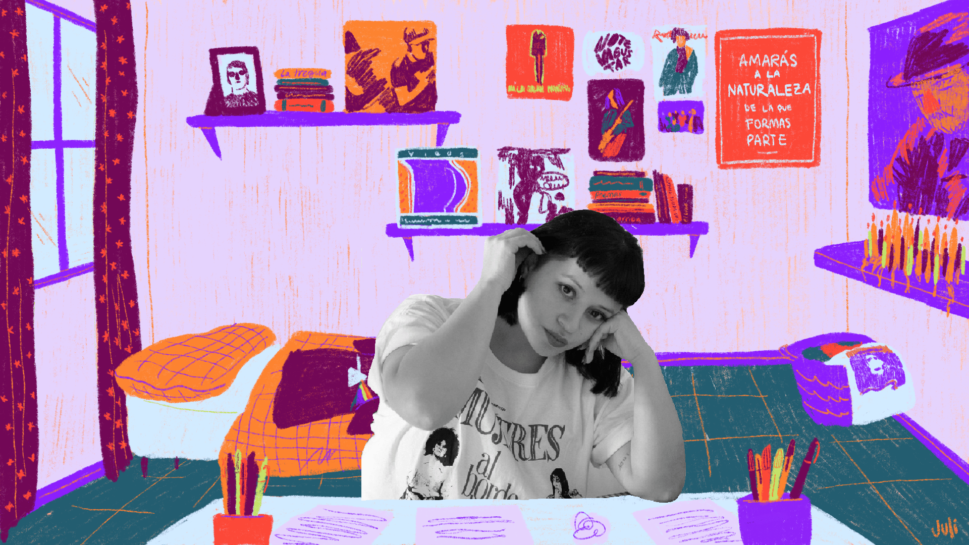 Fotografía de Camila Mermet en blanco y negra. A su alrededor, una ilustracion de un cuarto con posters, libros y discos.