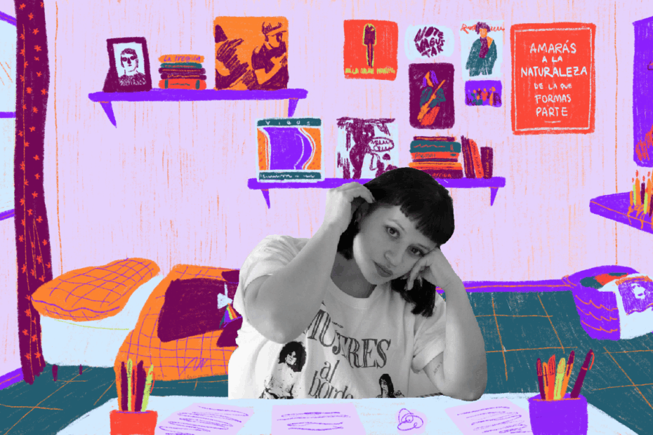 Fotografía de Camila Mermet en blanco y negra. A su alrededor, una ilustracion de un cuarto con posters, libros y discos.